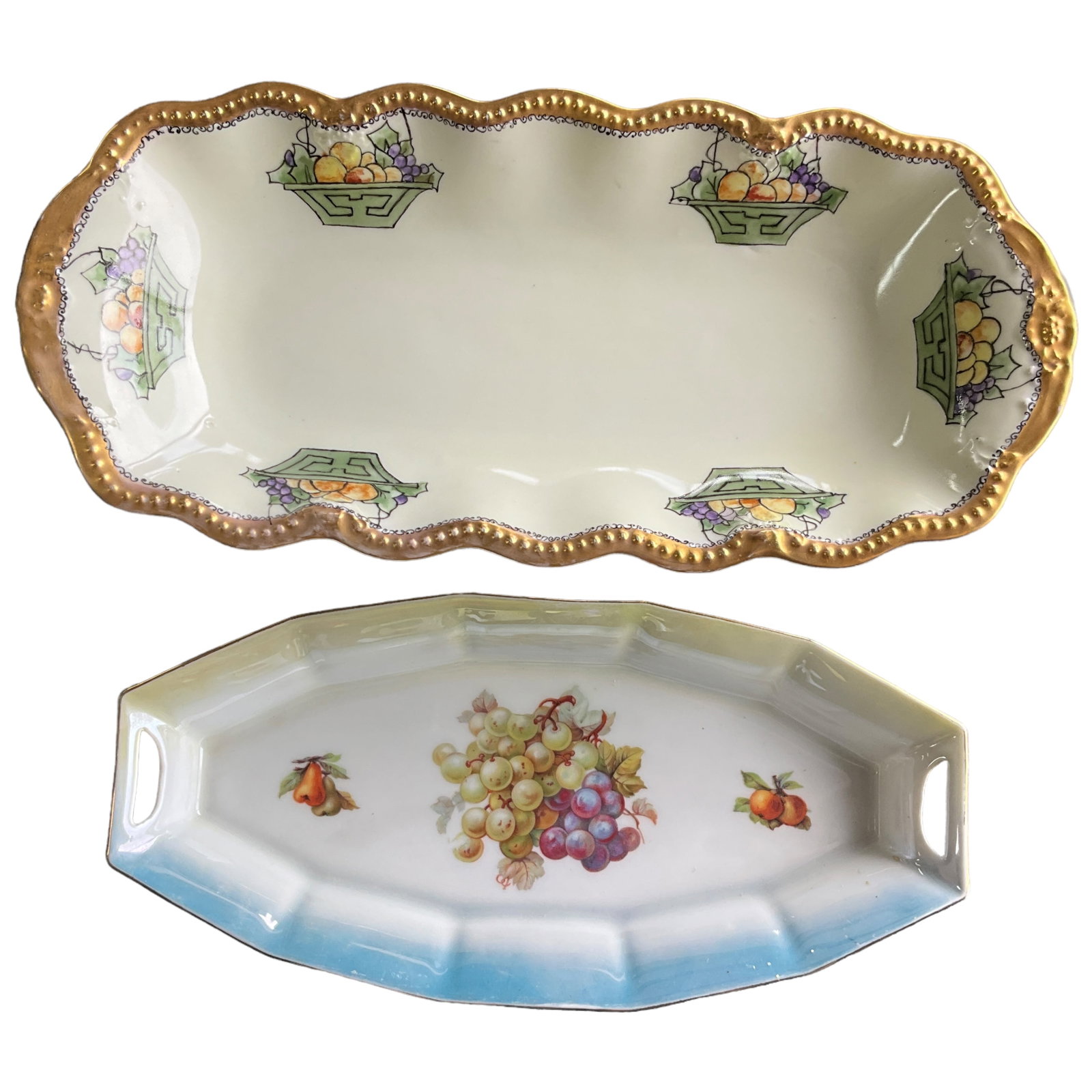 Antique Porcelain Condiment Dishes: Lot of 2 antique porcelain condiment dishes, 1 made in Bavaria, 1 made in France. Largest measures approx 6.25 x 12.75".
