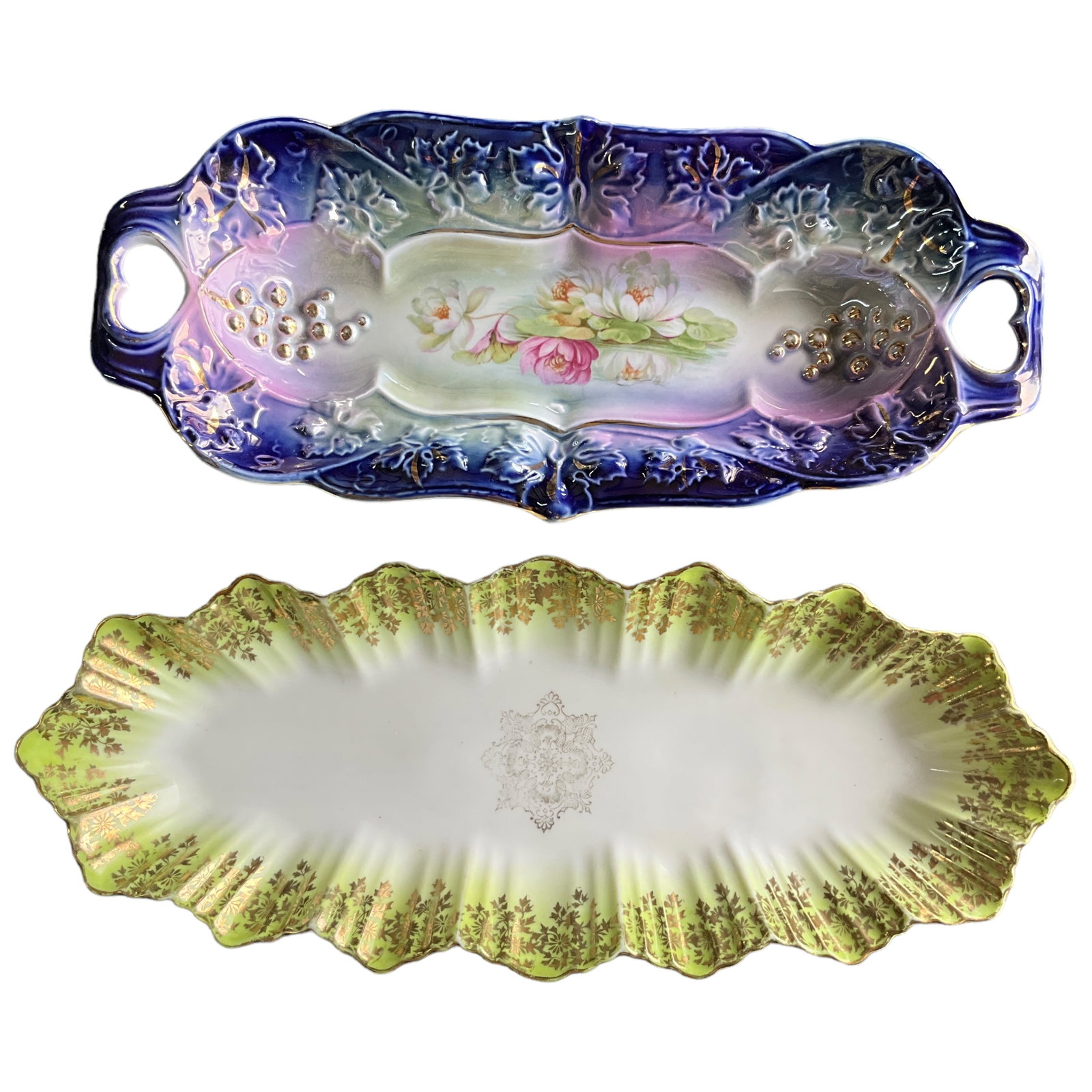 Antique Porcelain Condiment Dishes: Lot of 2 antique porcelain condiment dishes, 1 made in Germany. Largest measures approx 5.5" x 14.5".