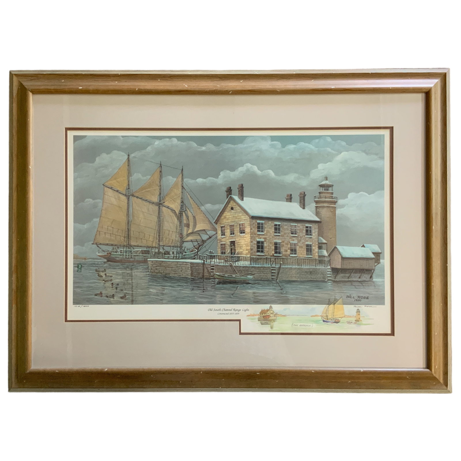 Bill Rose, Print, Old South Channel Range Light: 1990 print by Bill Rose, double mat. Signed buy artist; numbered 1014 of 1200. Measures approx. 30 3/14" x 42" OA; 19" x 30 1/4" SS. Artwork has not been removed from frame for inspection.