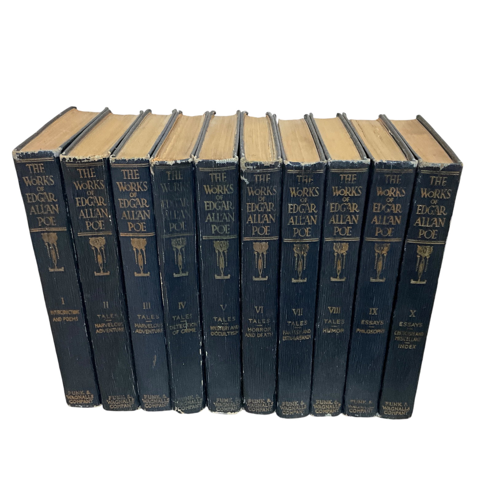 1904 Commemorative Collected Works of Edgar Allen Poe- 10 Volumes: 1904 Commemorative Collected Works of Edgar Allen Poe- 10 Volumes. Published bt Funk & Wagnalls, New York and London. Each volume has a bookplate glued to the inside cover with a typewritten inscripti