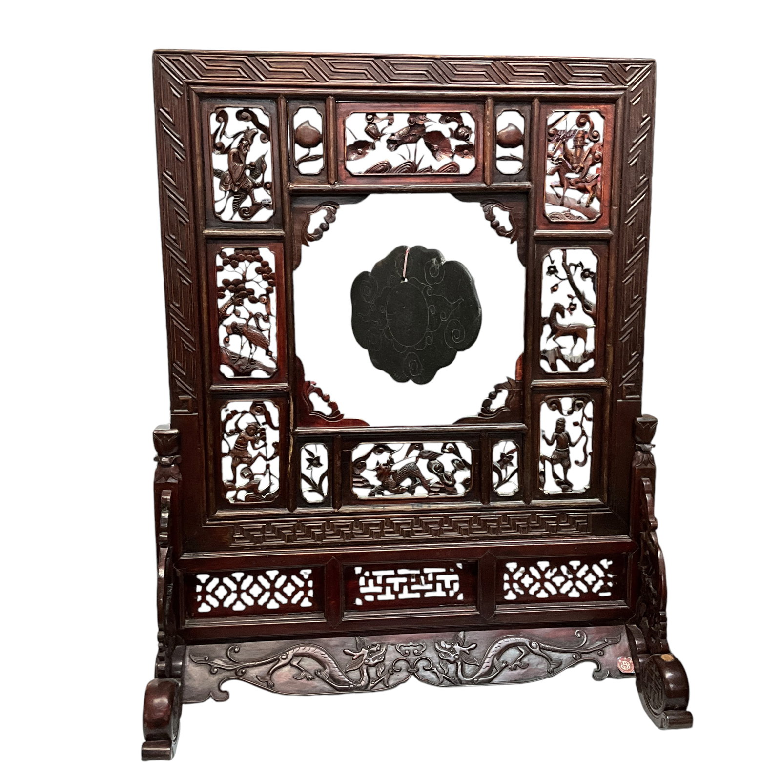 Chinese Carved Screen with Stone Gong (1 of 7)
