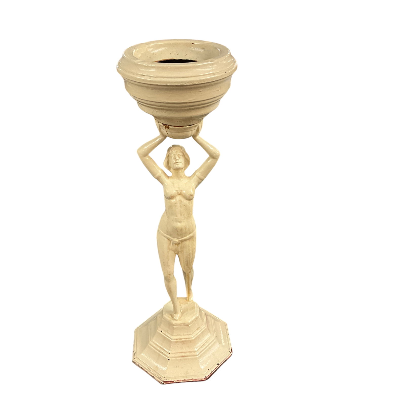Art Deco Ashtray Base: Art Deco Ashtray Base, depicting a nude lady holding up an urn. Painted metal, approx. 24.25" high. Octagonal base is approx. 8" across.