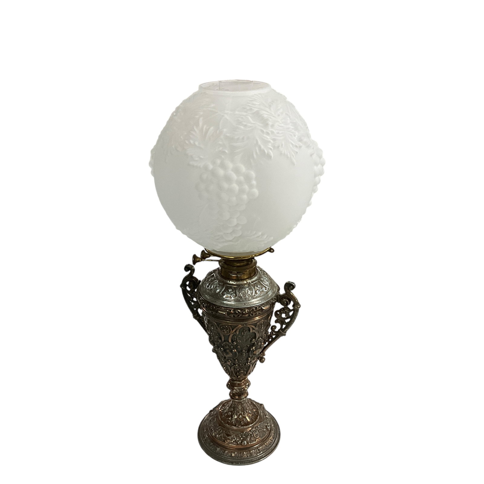 Ornate Victorian Banquet Lamp: Ornate Victorian Banquet Lamp- ornate urn base with removable glass font and "Improved Duplex" burner. Frosted grapevine shade. Measures approx. 29" high overall.