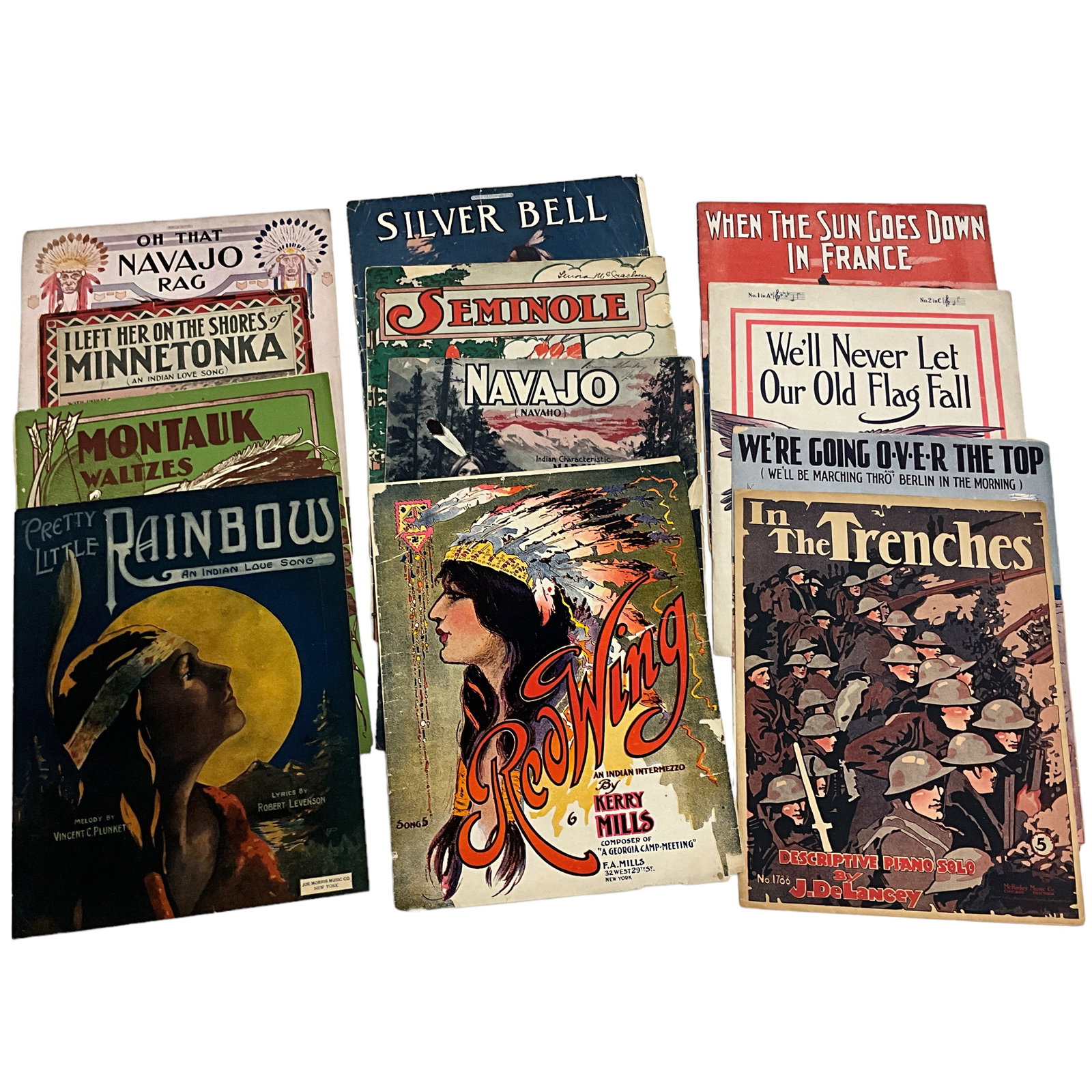 Sheet Music, Lot of 12: Lot of 12 sheet music; covers feature WWII and Native American scenes