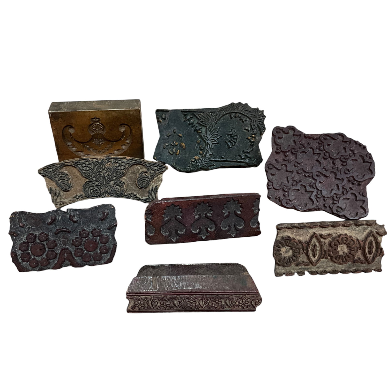 Lot of 8 Carved Woodblock Stamps: Lot of 8 carved woodblock stamps, various patterns.