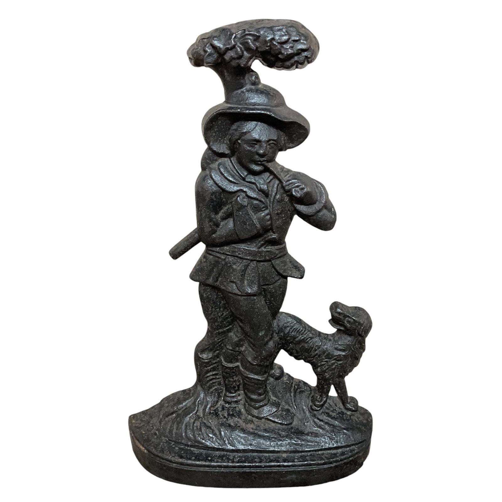English Cast Iron Doorstop: English Cast Iron Doorstop- woodsman with his dog. Approx. 15.25" tall, and 9.5" wide.