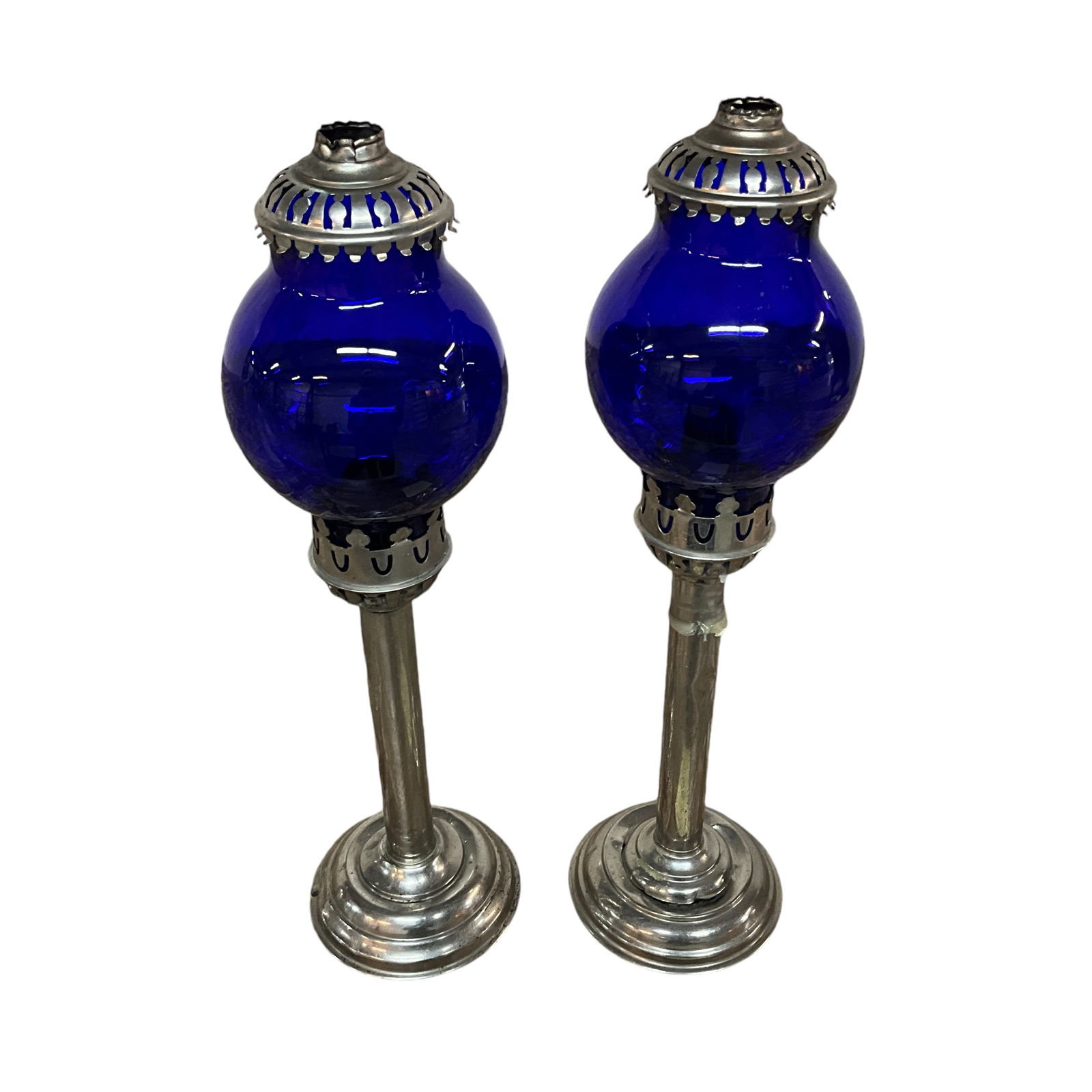 Pair of Candlesticks with Cobalt Shades: Pair of Candlesticks with Cobalt Shades- Candlesticks appear to be nickel plated brass, with cobalt glass shades. Approx. 15.25" tall.