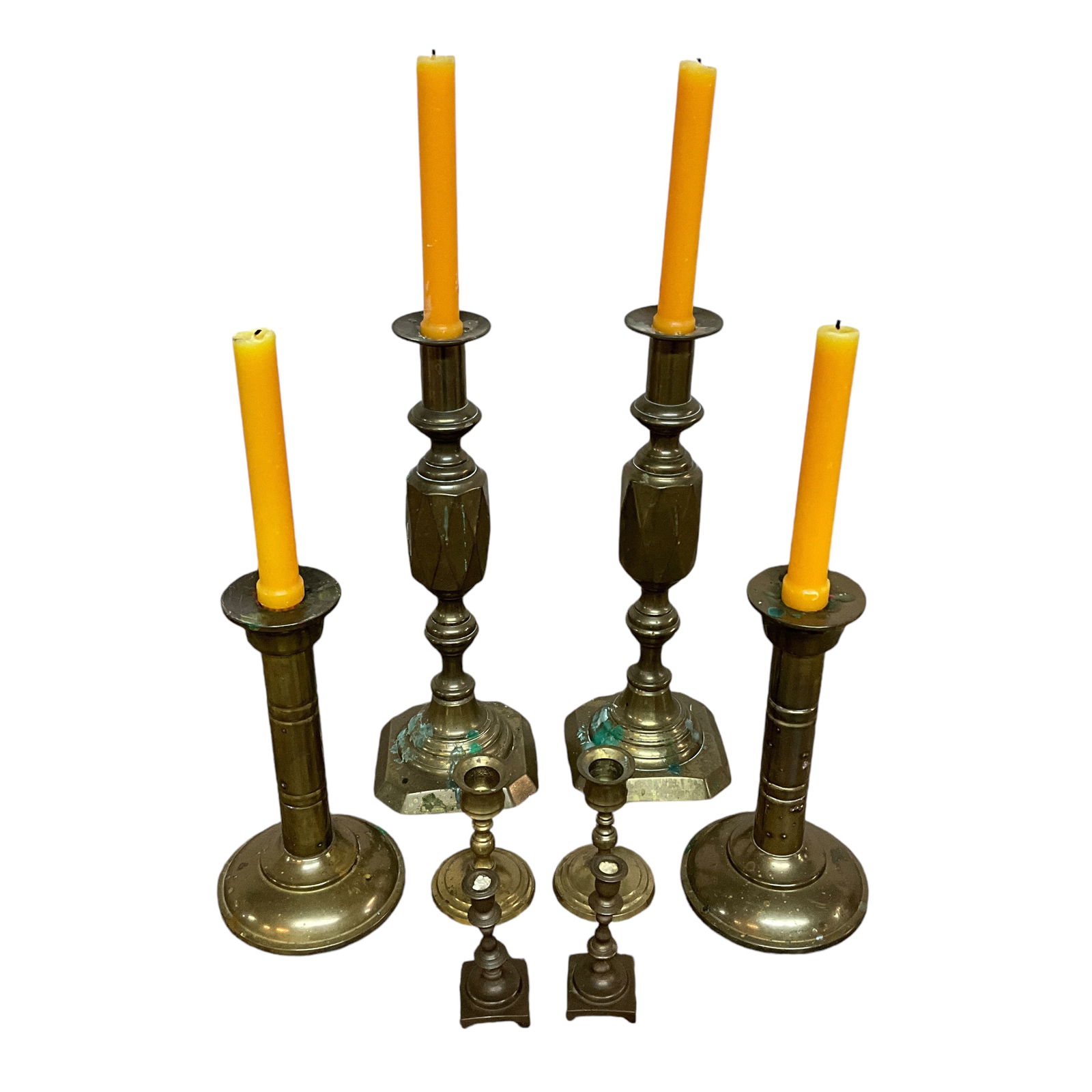 Four Pairs of Brass Candlesticks: Four Pairs of Brass Candlesticks, various shapes and sizes, ranging from approx. 4" to 13.5" high.