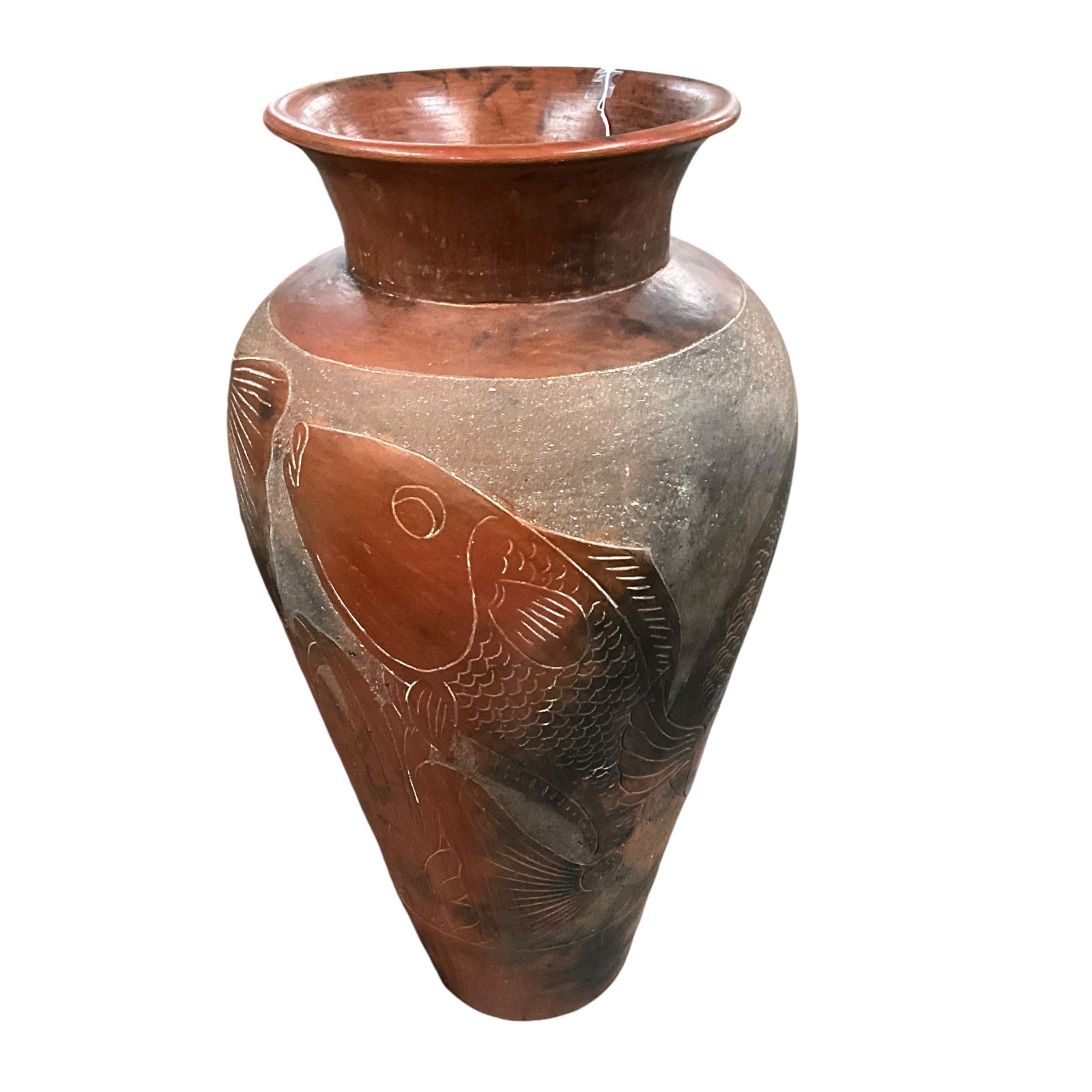 Tall Tokoname Urn: Tall Tokoname Urn, with shallow relief carving depicting stylized fish. Approx. 28" tall, and 13" in diameter.