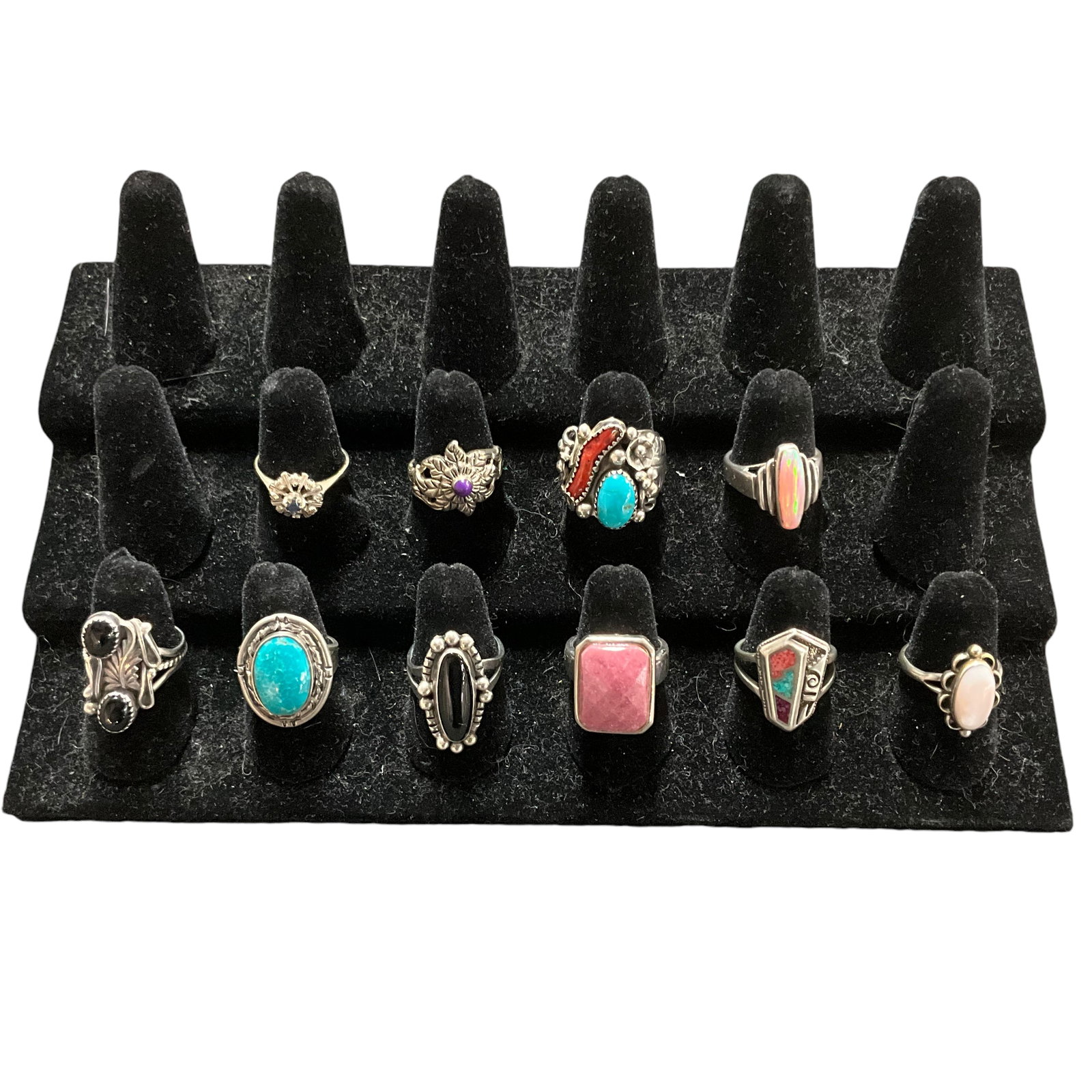 Lot of 10 Southwestern Style Sterling Rings- Size 7: Lot of 10 Southwestern Style SterlingRings- Size 7. IncludesTurquoise, Coral, Rhodonite,Opal, Onyx examples.