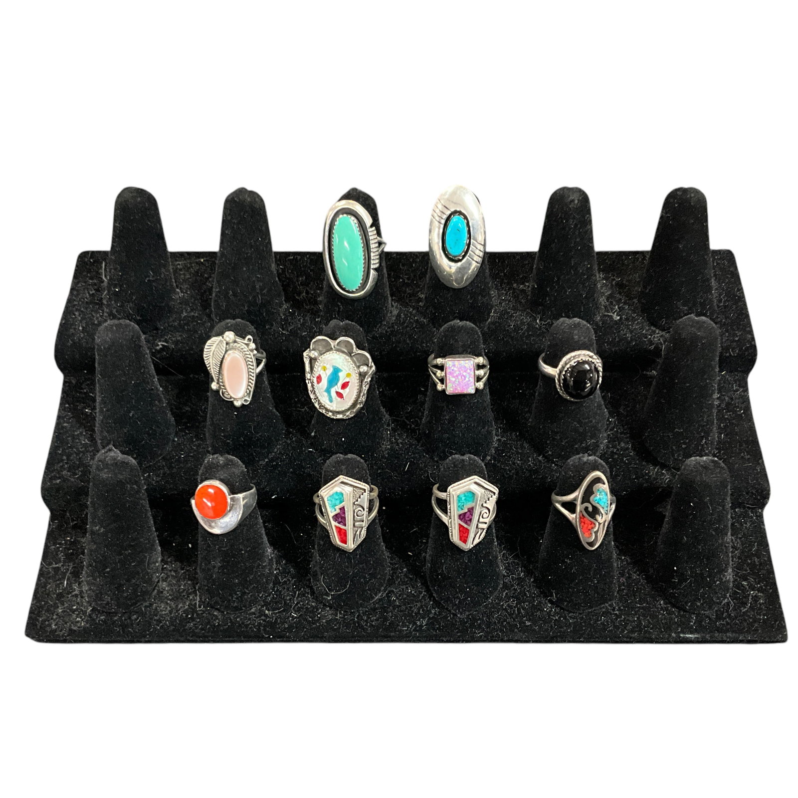 Lot of 10 Southwestern Style Sterling Rings- Size 5: Lot of 10 Southwestern Style SterlingRings- Size 5. IncludesTurquoise, Coral, Opal, Mother of Pearl, Onyx examples.