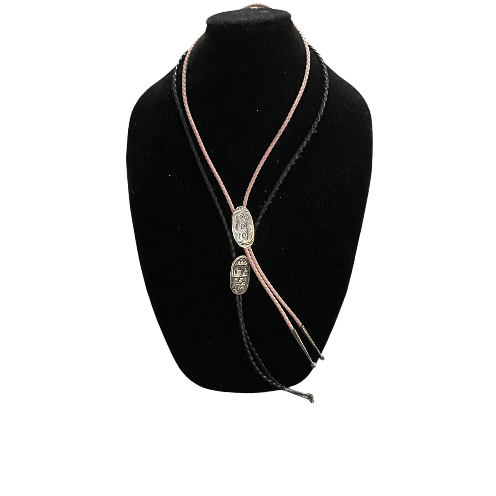 Two Sterling Ties: Two Sterling Ties- approx. 38" long with oval medallions decorated with Native American motif.