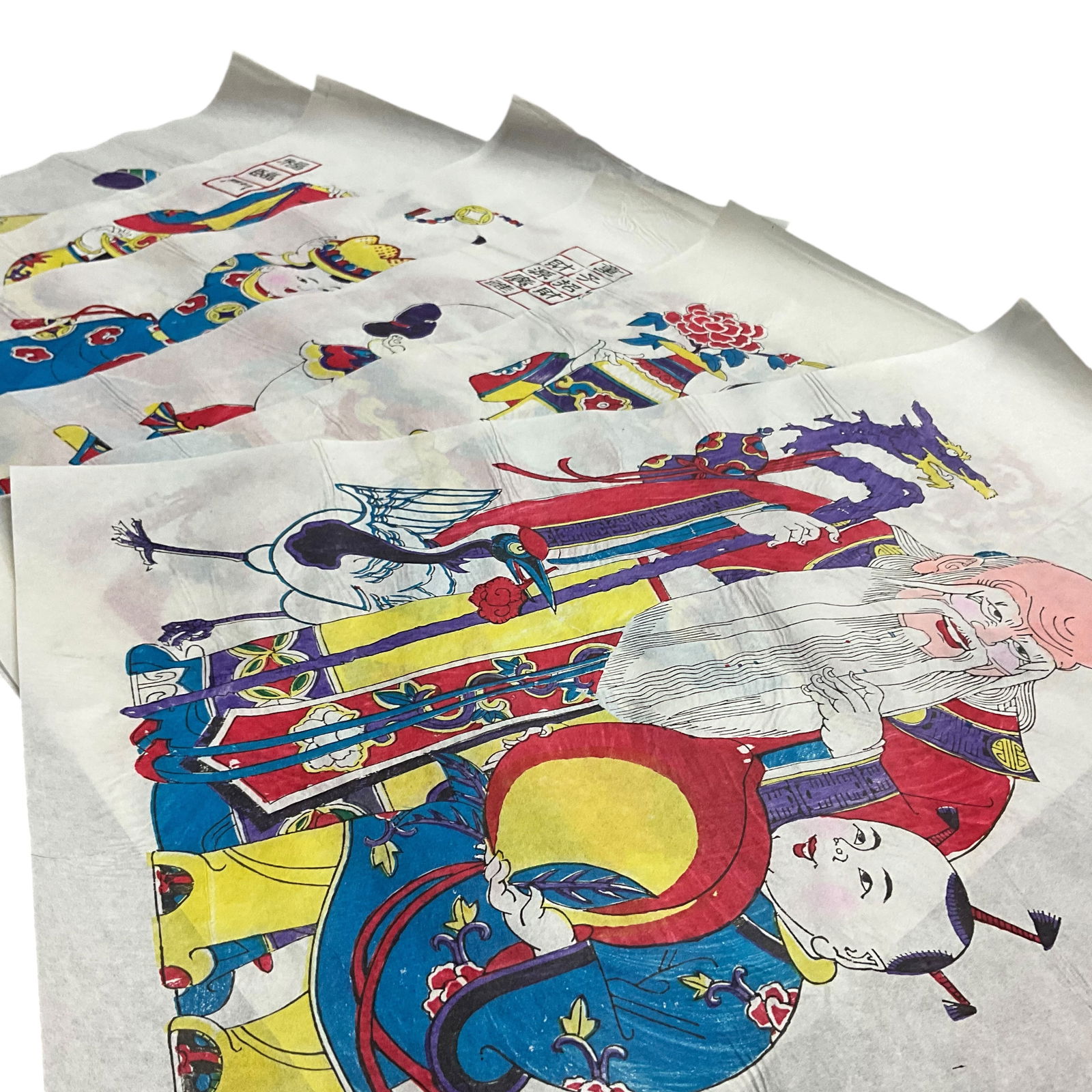 A Chinese Silk Scroll Painting, and Six Hand Colored Prints on Rice Paper. (1 of 2)