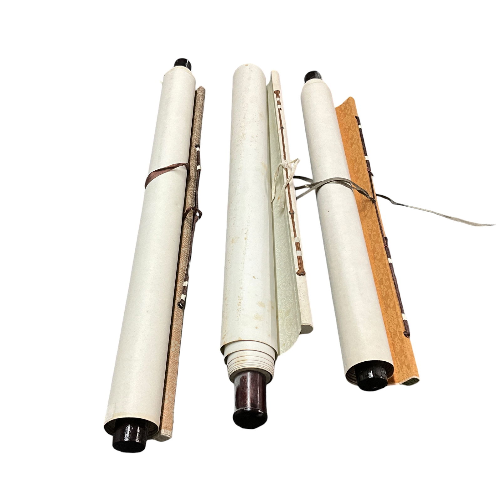 Trio of Chinese Scroll Paintings: Trio of Chinese Scroll Paintings- a calligraphic scroll, measuring approx. 60" X 18", a watercolor cat, measuring approx. 63" X 18.75", and a Landscape with mountains & river, measuring approx. 69" X