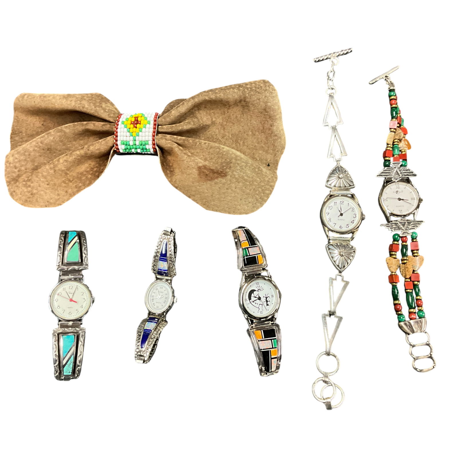 Lot of Five Southwestern Style Watches: Lot of Five Southwestern Style Watches- at least 2 are marked sterling. Japanese movements, at least 1 is a Timex. Also includes a 6.5" leather/beaded barrette.
