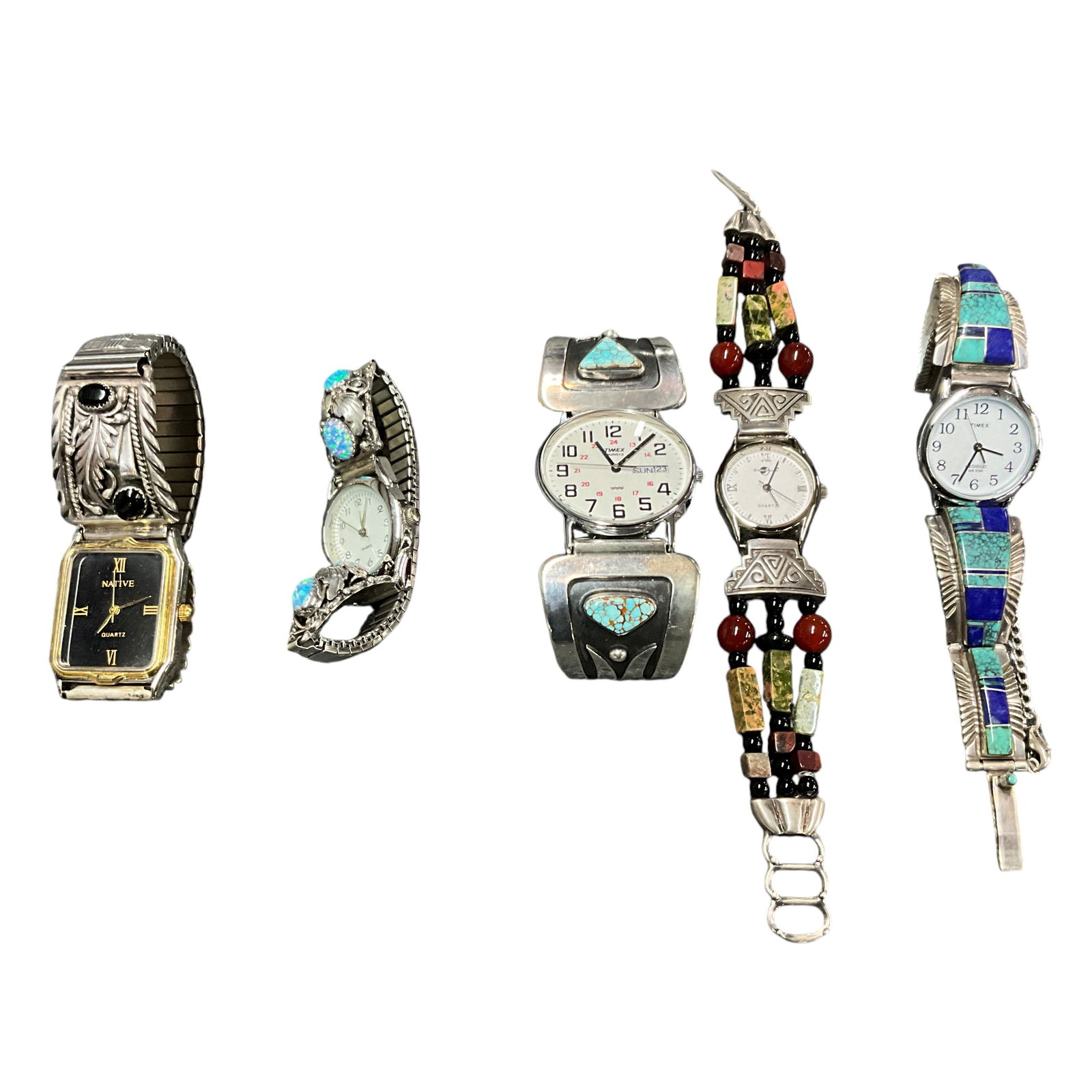 Lot of Five Southwestern Style Watches: Lot of Five Southwestern Style Watches- at least 4 are marked sterling. Japanese movements, at least 2 are Timex.