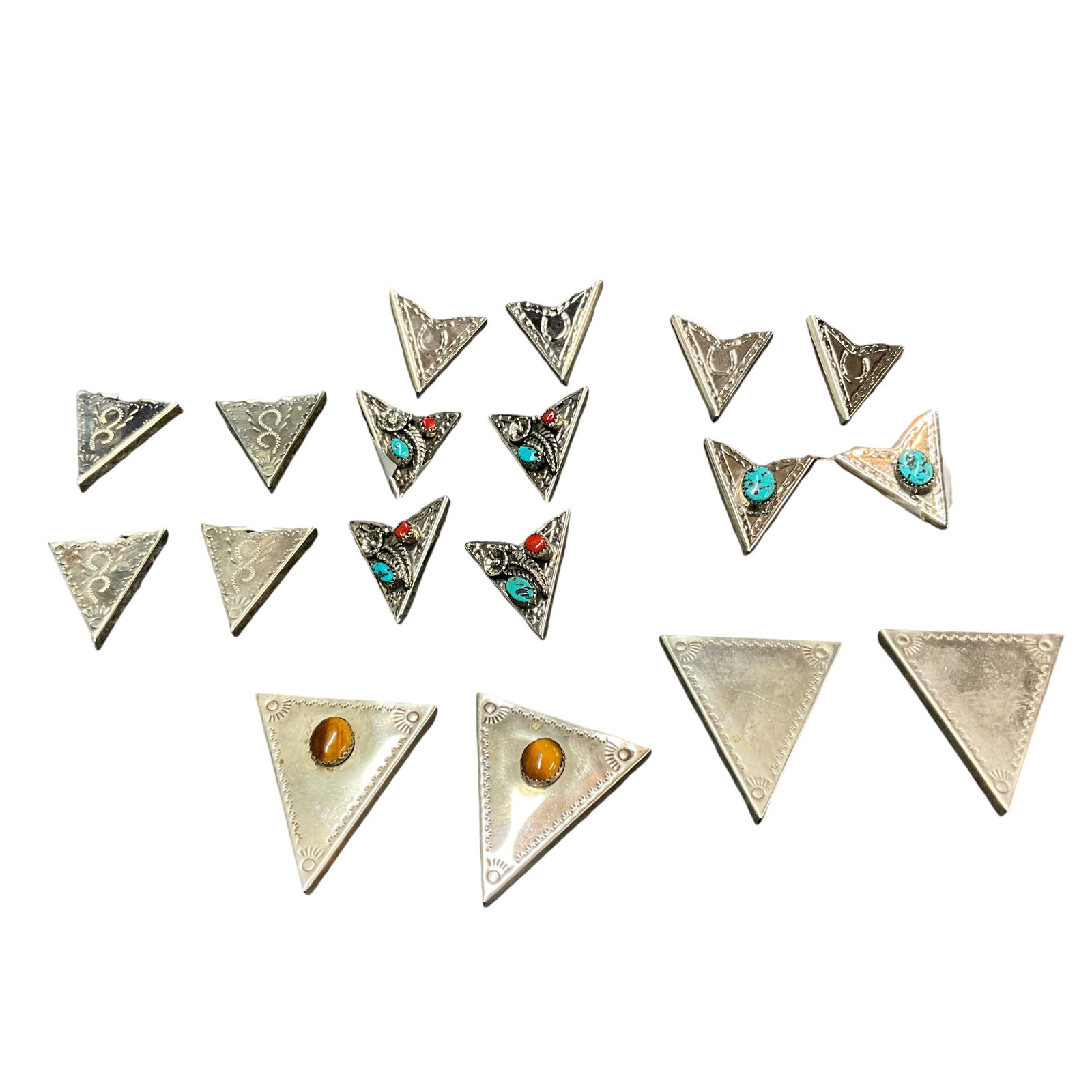 Lot of Southwestern Style Collar Tips: Lot of Southwestern Style Collar Tips- 9 pairs, with turquoise, coral and Tiger Eye stones. None are marked sterling