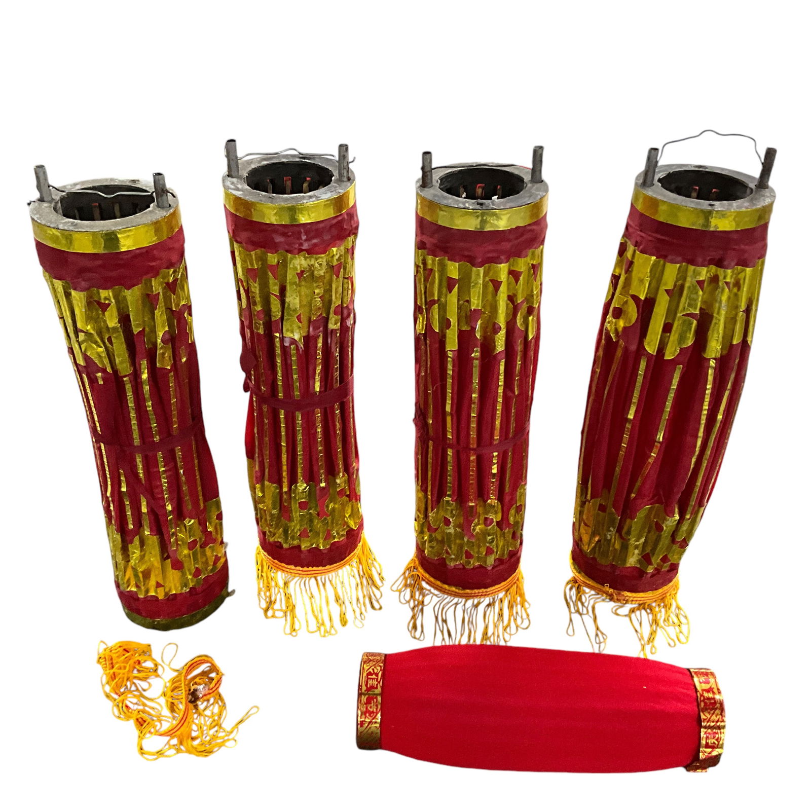 Five Decorative Chinese Lanterns: Five Decorative Chinese Lanterns- four are red and gold, with gold fringe, and measure approx. 15" long. One is solid red, and approx. 10" long.