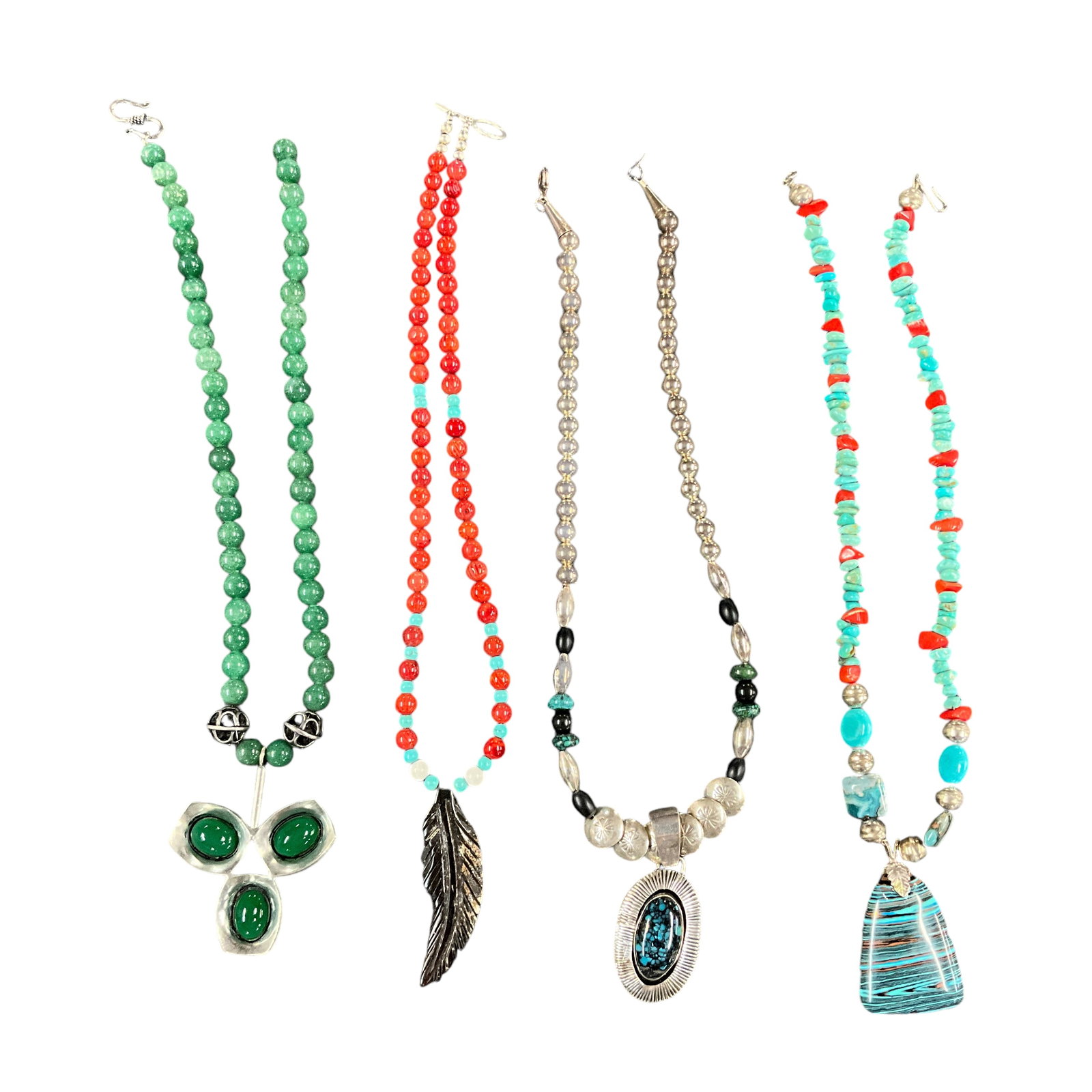 Four Southwestern Style Necklaces: Three Southwestern Style Necklaces- single strand beaded necklaces with pendants of sterling or pewter, stone- 16" length. See photos.