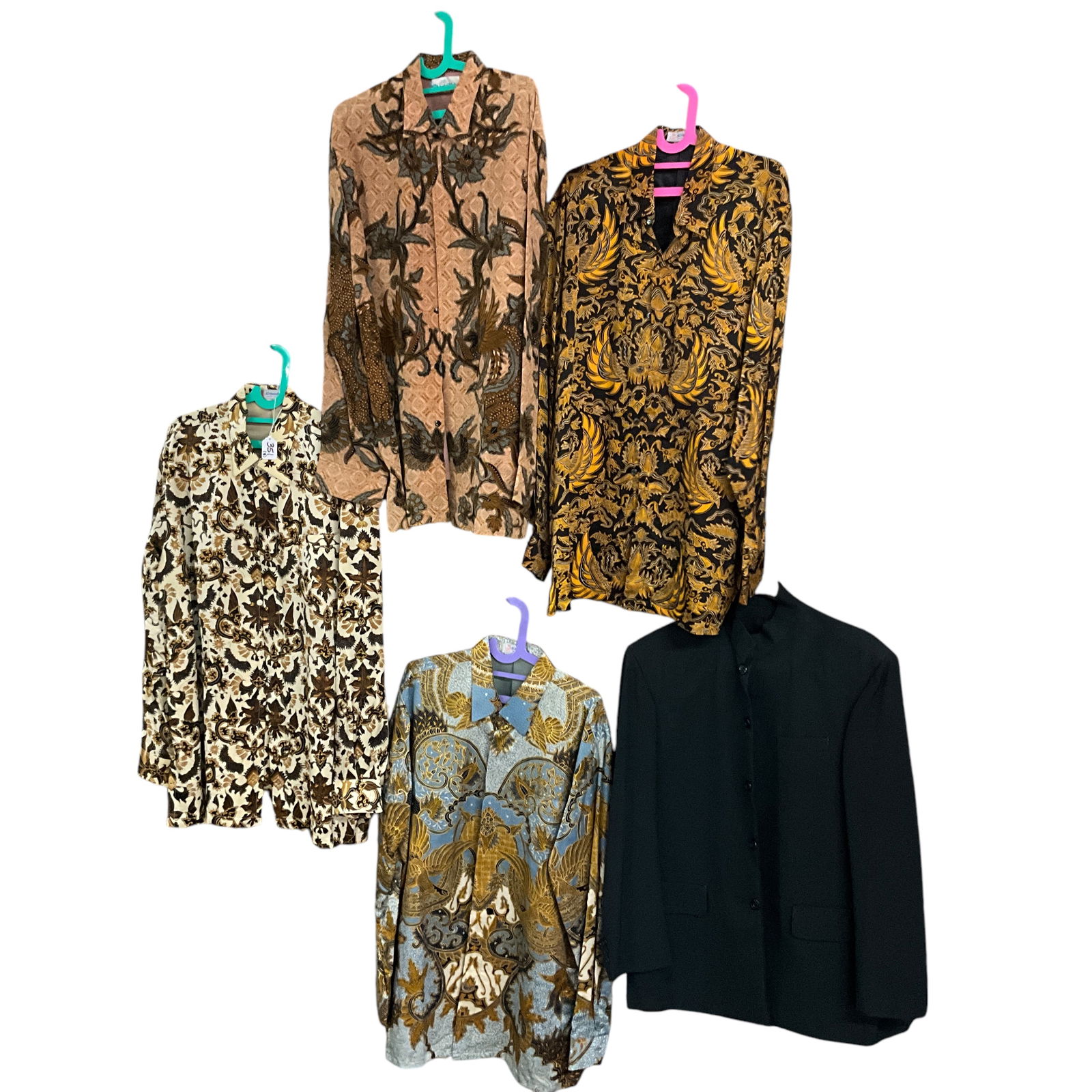 Four Indonesian Men's Silk Shirts, and a Nehru Jacket, Size L (1 of 2)