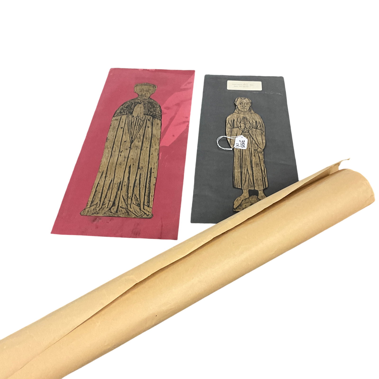 Three Rubbings From Medieval English Churches: Three Rubbings From Medieval English Churches- Two have been cut out and mounted to sheets; the other is rolled. Two (including the rolled rubbing) from St. Helen's Church, Bishopgate, London, and one