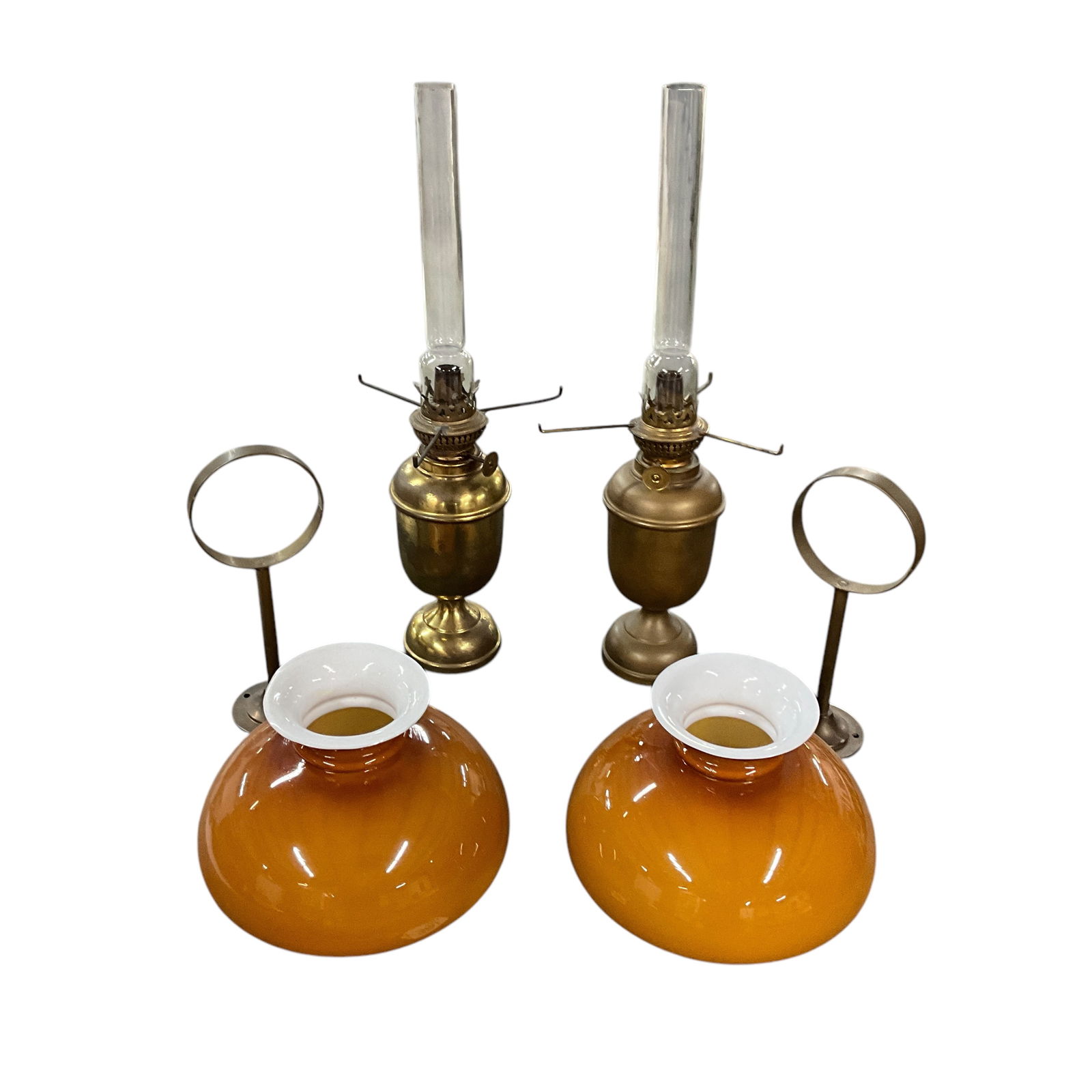 Pair of Brass Oil Lamps with Cased Glass Shades and Wall Brackets (1 of 2)