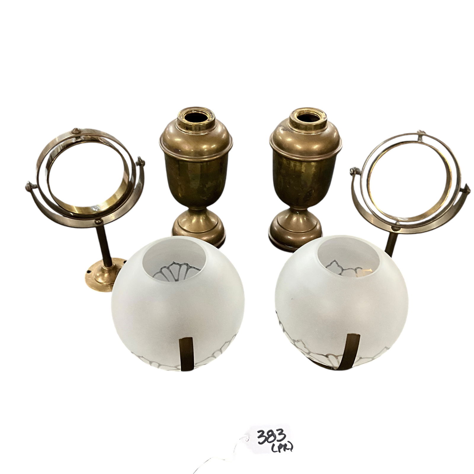 Pair of Brass Oil Ship's Lamps with Frosted Glass Shades and Self Leveling Wall Brackets (1 of 1)