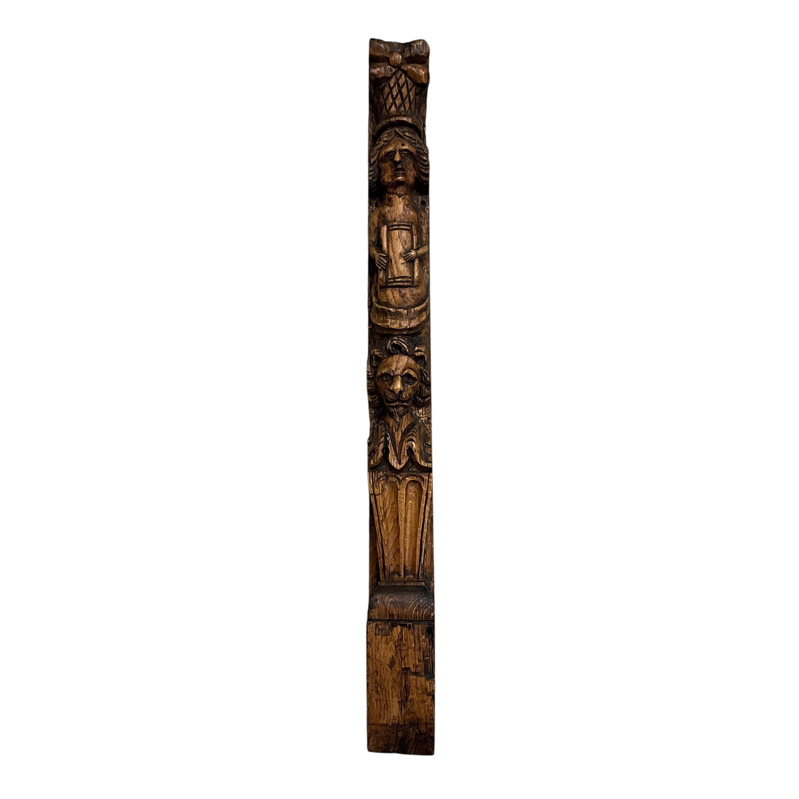Carved Oak Pilaster, Architectural Salvage: Carved Oak Pilaster, Architectural Salvage. With a Lion Head, and a Noble or Priest with scroll. Approx. 30.25" long, 2.75" wide, and 2" deep.
