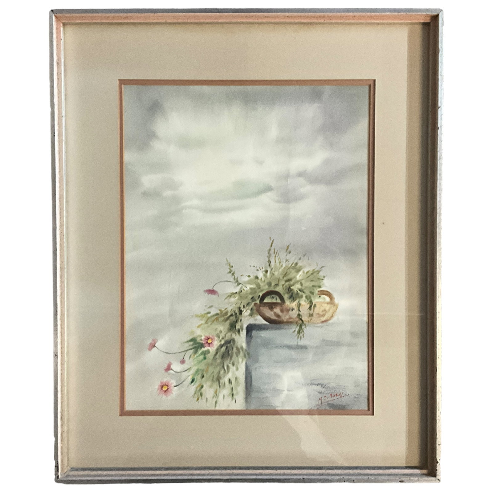 Mariano Ortuzar (B 1931), Untitled watercolor: 1976 watercolor of flower basket on railing by Mariano Ortuzar (B 1931). Signed by artist, dated. Measures approx. 22 1/2" x 18 1/2" OA; 15 3/4" x 11 3/4" SS. Born in Santiago, Chile, Ortuzar is an in