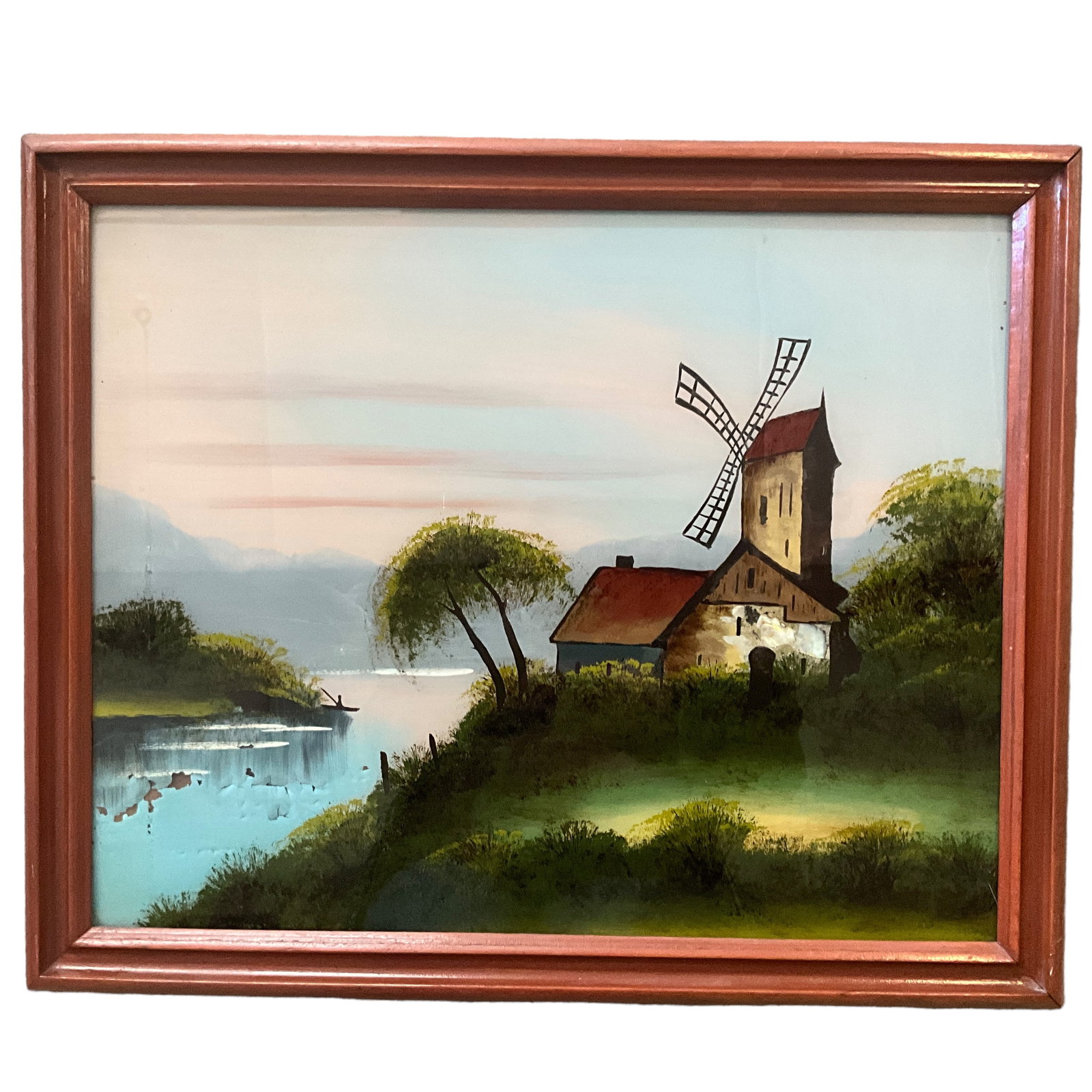 Artist Unknown, reverse paint with abalone inlay: Reverse paint on glass with abalone inlay depicting windmill on river. Measures approx. 18 1/2" x 20 1/2" OA; 15 1.2" x 19 1/2" SS. Paint is lifting off glass in some areas (see photos).