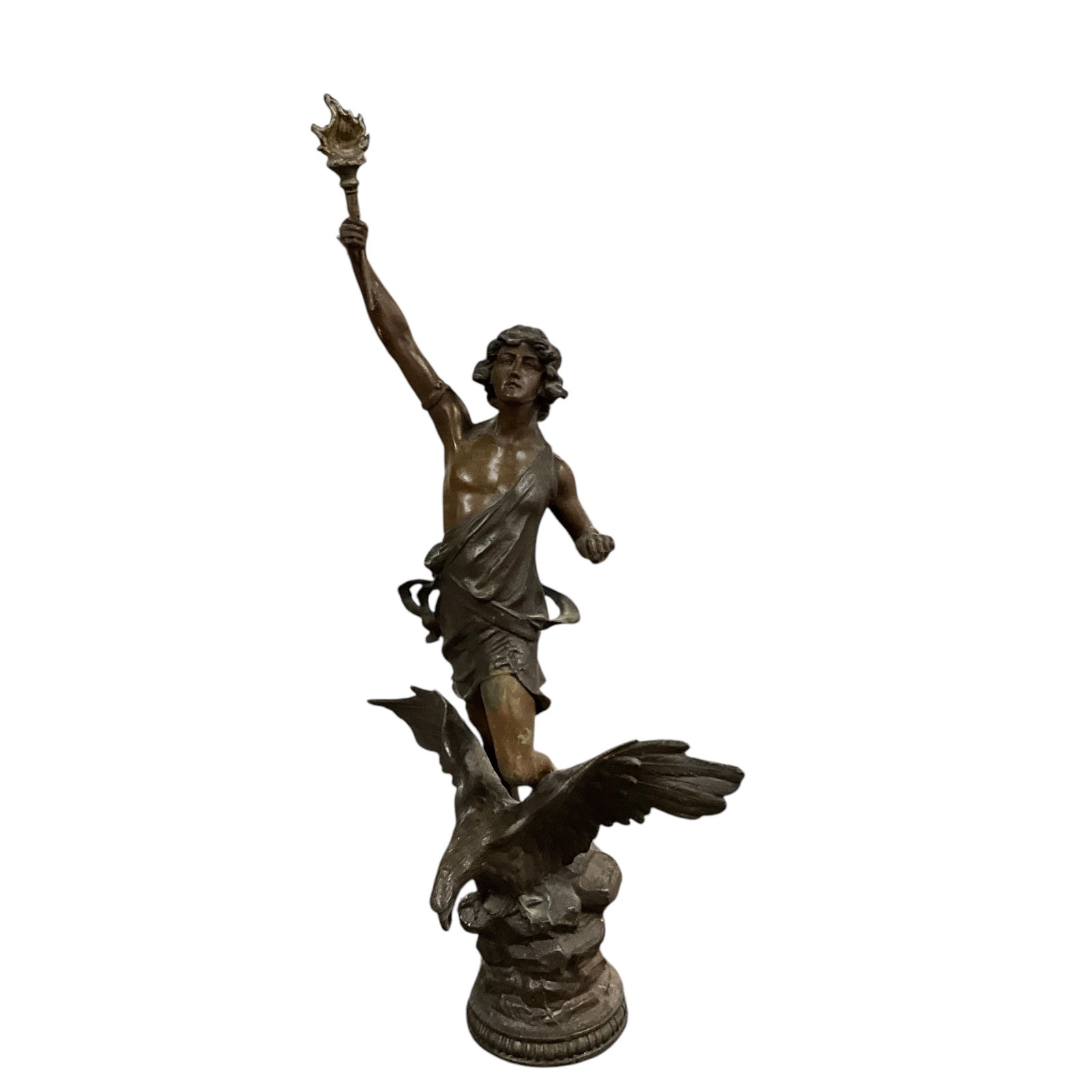 French Spelter Sculpture- Man with Torch atop Eagle (1 of 3)