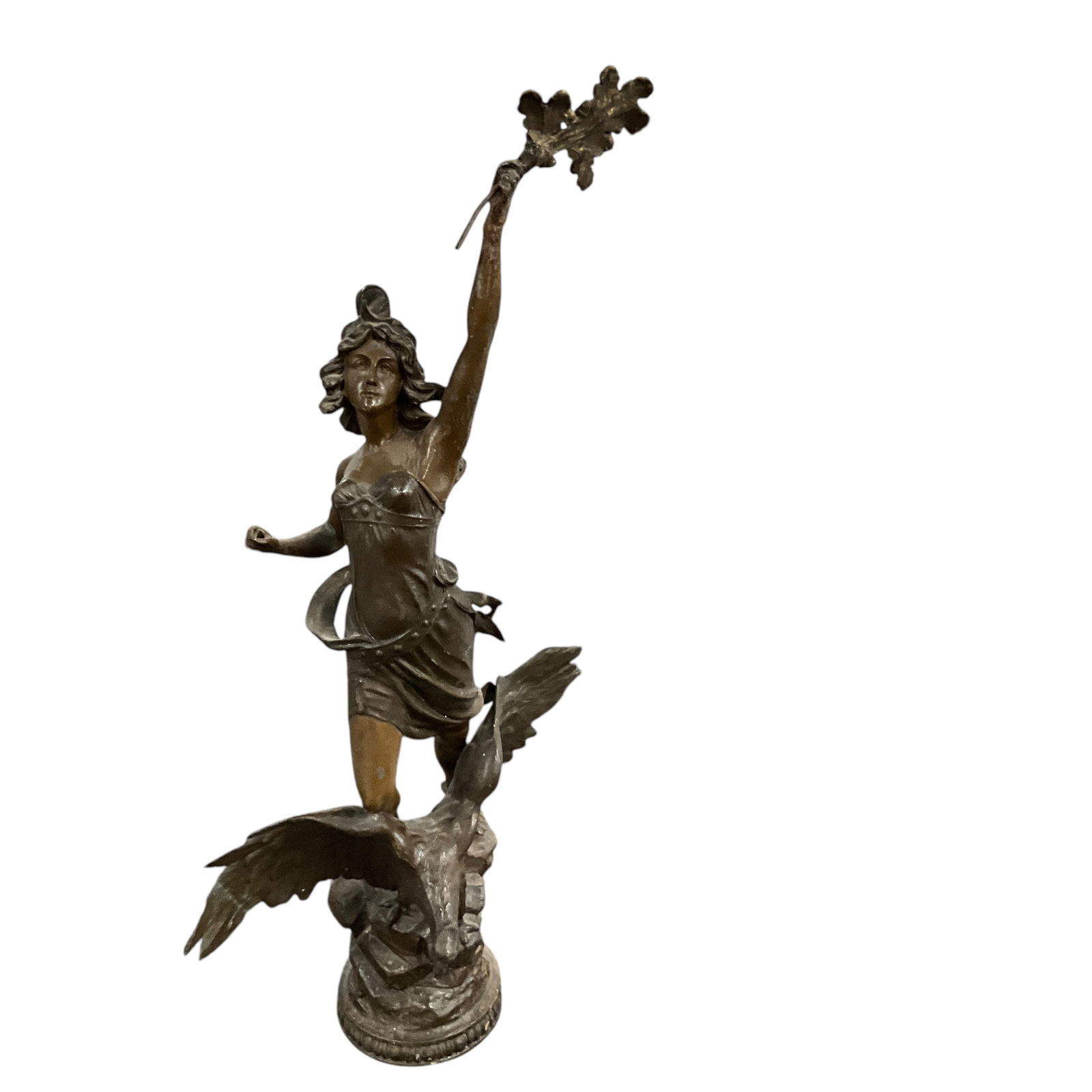 French Spelter Sculpture- Woman with Fan atop Eagle (1 of 3)