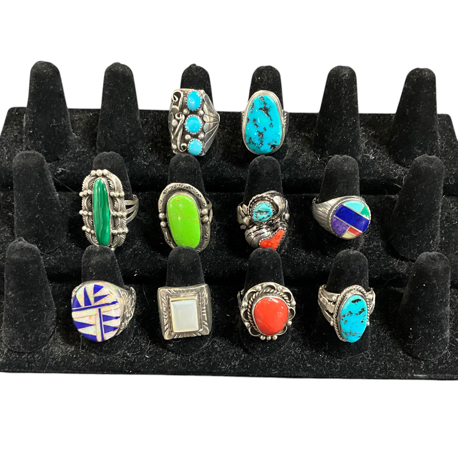 Lot of Ten Southwestern Style Sterling Rings, Size 9 (1 of 2)