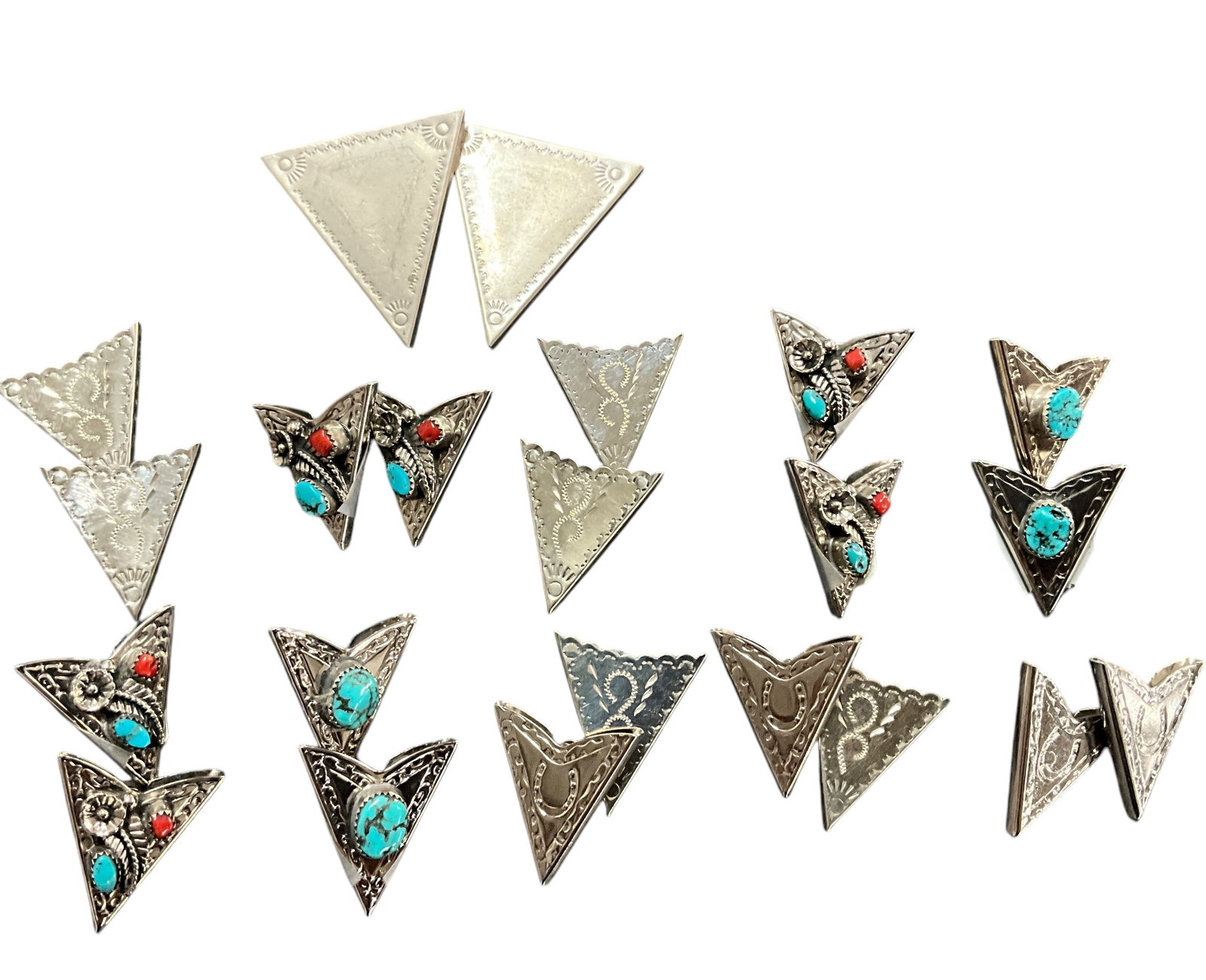 Eleven Pairs of Southwestern Style Collar Tips: Eleven Pairs of Southwestern Style Collar Tips. Five pairs have turquoise or turquoise/coral settings