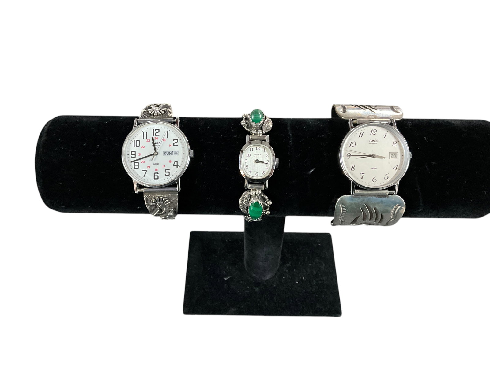 Three Watches with Southwestern Style Sterling Decorated Bands: Three Watches with Southwestern Style Sterling Decorated Bands, one with malachite setting.
