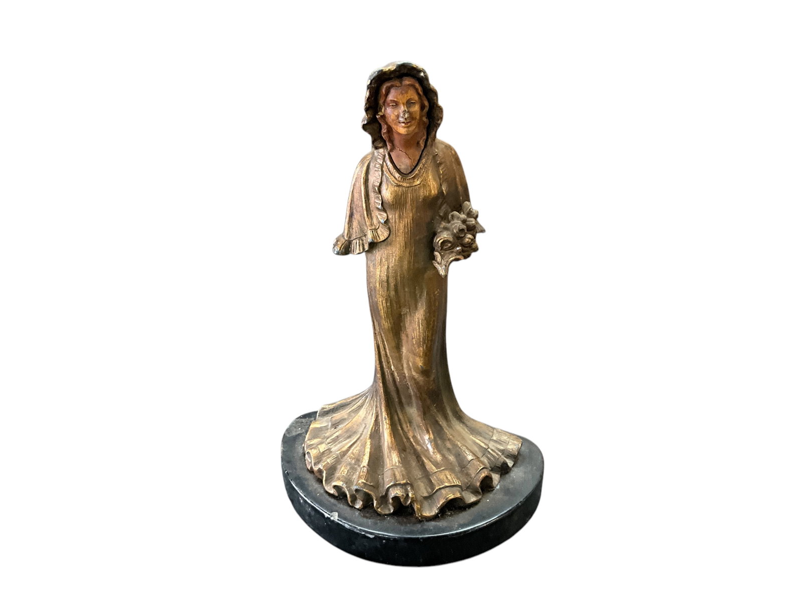 Art Nouveau Bronze Statuette: Art Nouveau Bronze Statuette- a hefty little solid bronze statuette, with face of bone, or possibly bakelite. Arms and hands are missing from this statuette, and she has a chip out of her nose. It is 