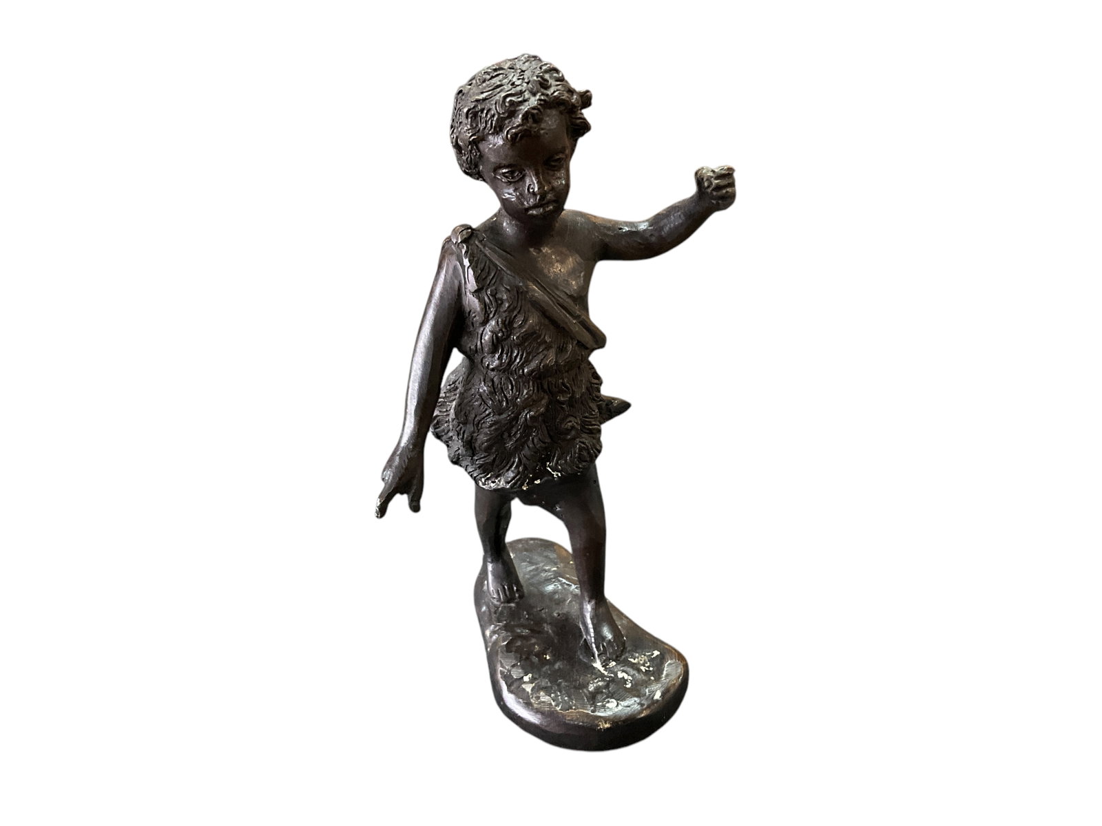 Small Bronze Boy Statuette: Small Bronze Boy Statuette- A curly haired boy in a sheepskin tunic, left arm raised, with hand drilled to hold something which is missing. This may be a depiction of David in his battle with Goliath.