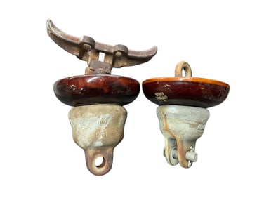 Two Large Ceramic Electrical Insulators with Metal Hardware.