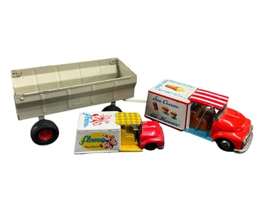 Three Lithographed Tin Trucks, Farm Wagon