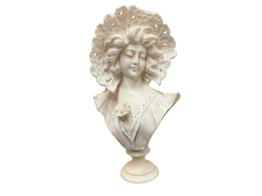 Alabaster Bust of a Victorian Lady in a Lace Bonnet