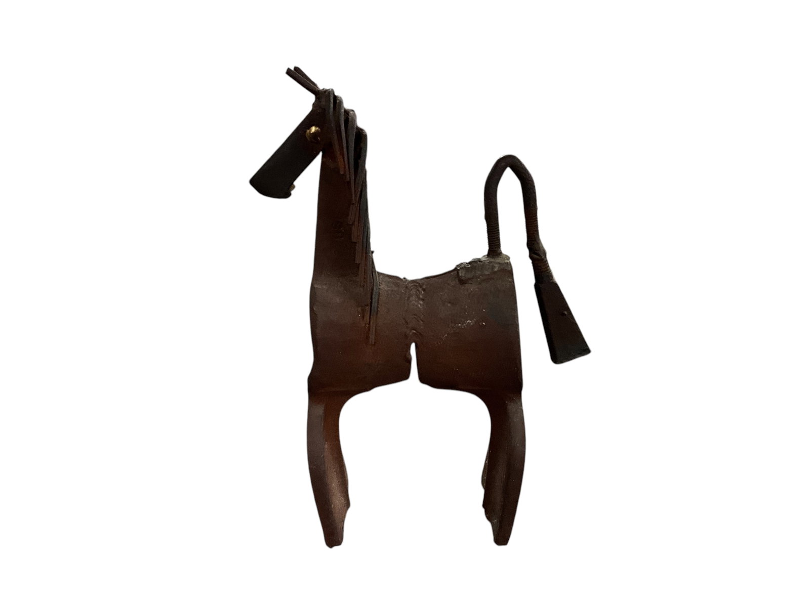 Welded Iron Art Sculpture- Horse: Welded Iron Art Sculpture- Horse. The body, legs, and neck are made from two Mattock or pick-axe heads. Approx. 12.5" high, and 10" long.