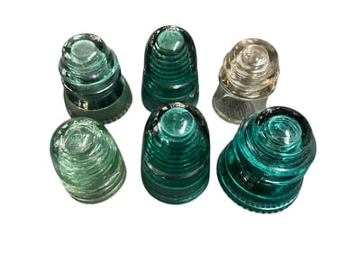 Group of 6 Antique Glass Electrical Insulators- Hemingray, Armstrong, Canadian Pacific RY.