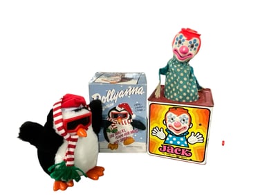 Mattel Lithographed Tin Clown Jack-in-the-Box, and Battery Operated Penguin