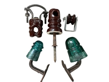 Five Glass or Ceramic Electrical Insulators with Metal Fittings.