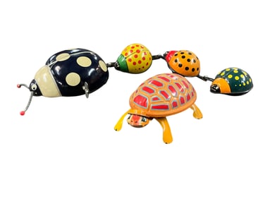 Lithographed Tin Wind-up Turtle and Ladybug Family