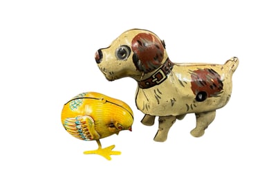 Lithographed Tin Key Wind Dog and Chick Toys.