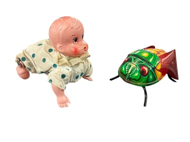 Plastic Wind-up Crawling Baby and Lithographed Tin/Plastic Walking Fly