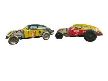 Two Lithographed Tin Wind-up/Key Wind Race Cars