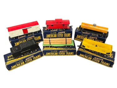 Six Gilbert American Flyer "Tru-Model" Train Cars.  Pre-WWII
