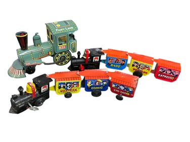Two Wind-Up Trains and a Lithographed Tin Locomotive